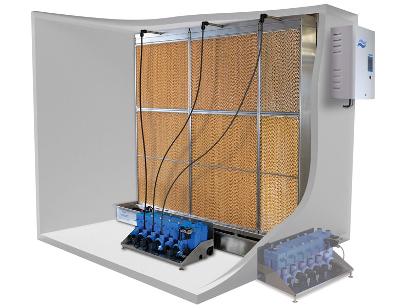 With adiabatic (cold water) humidifiers the most important service requirement is related to hygiene rather than scale management. With adiabatic (cold water) humidifiers the most important service requirement is related to hygiene rather than scale management.